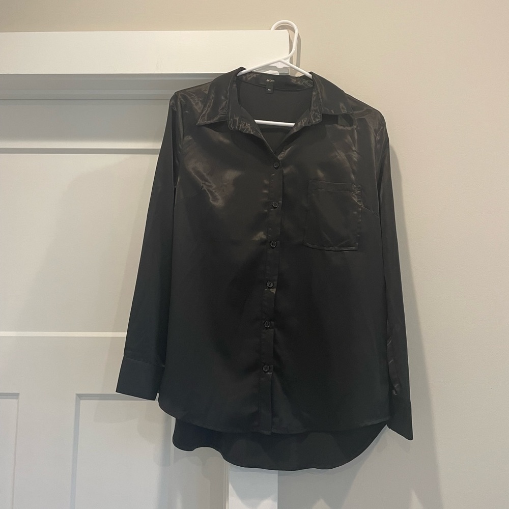 Aeom black silk button down blouse